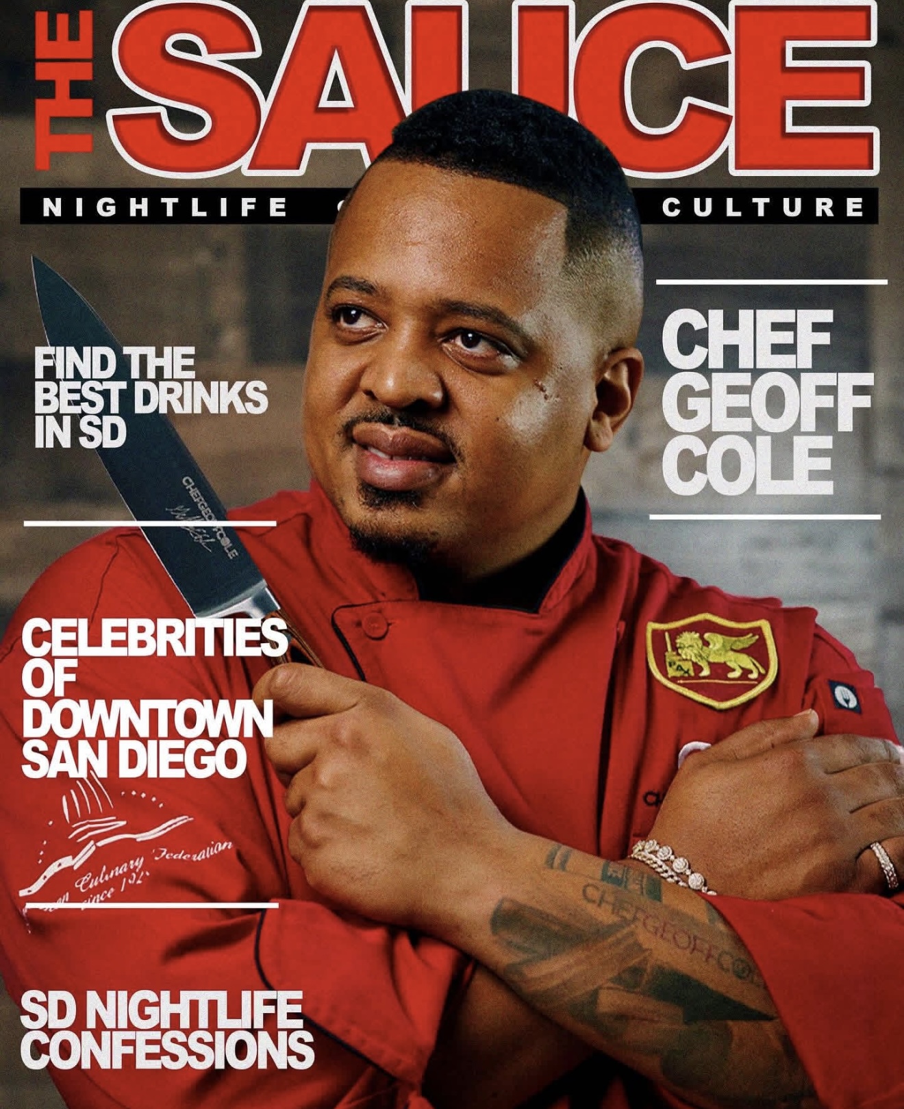 Chef Geoff Cole on THE SAUCE nightlife magazine cover in a red chef's coat, holding a chef's knife