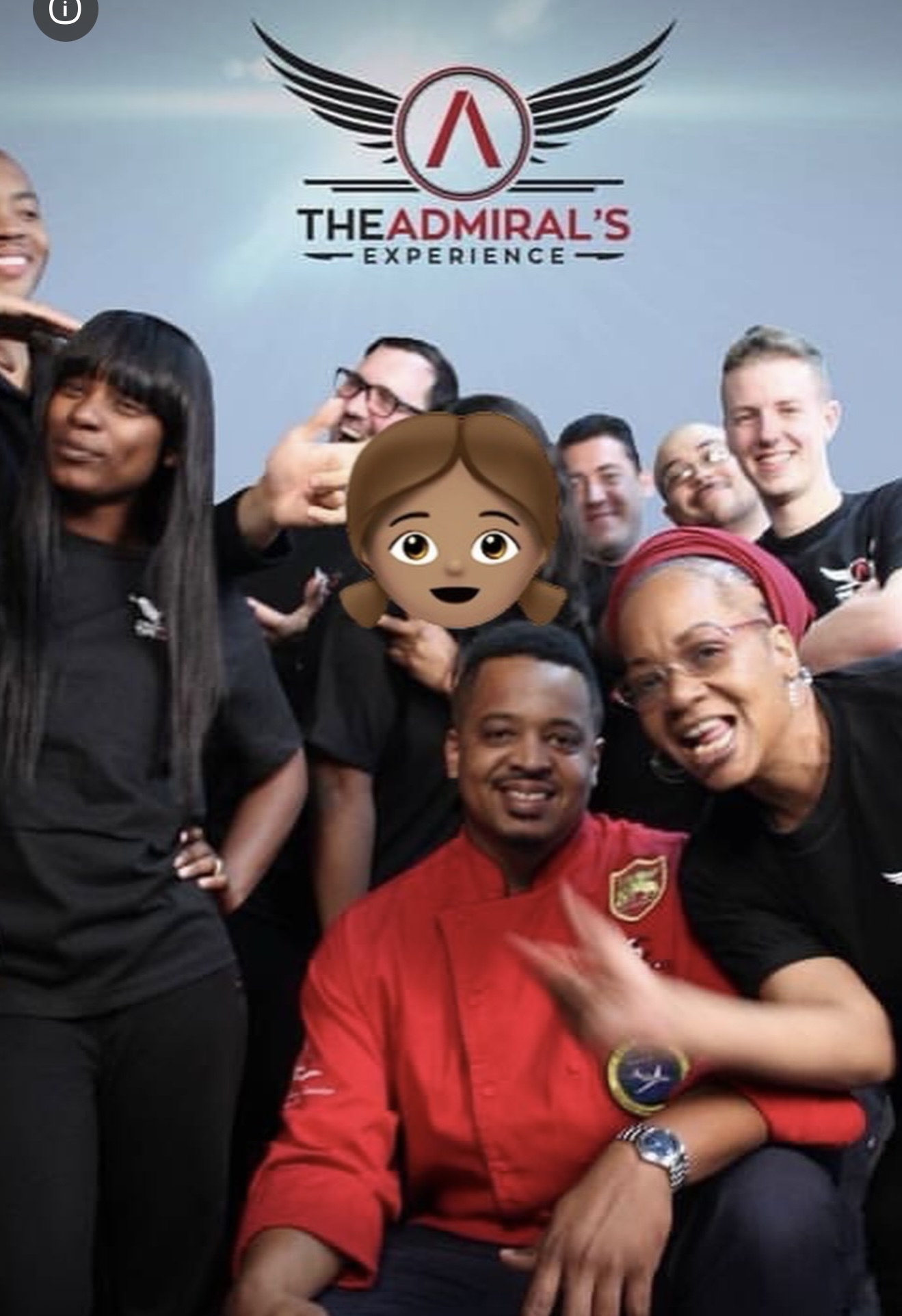 A promotional group photo under The Admiral's Experience logo, Geoff Cole in a red chef coat at the front